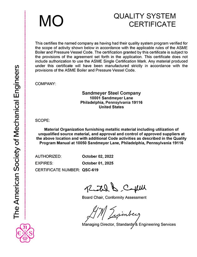 Sandmeyer Steel Company Quality System Certificate