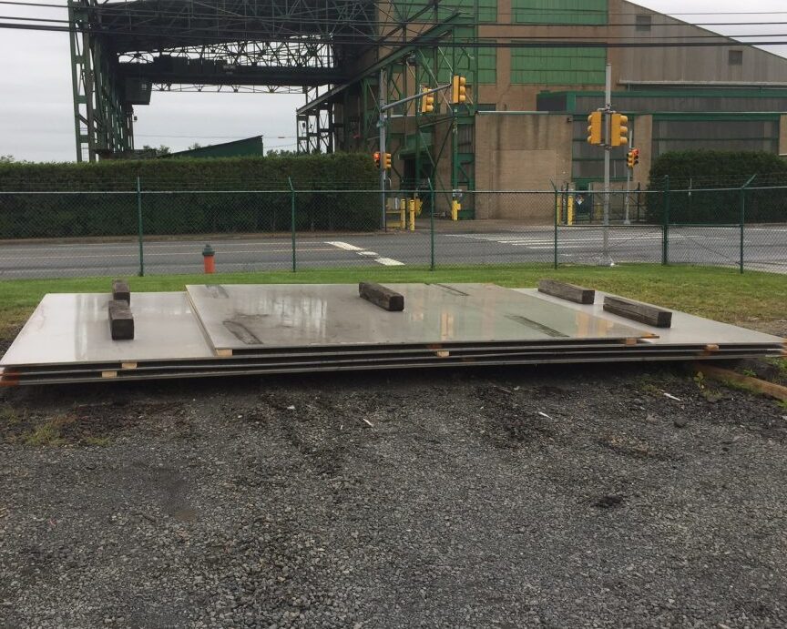 Large 304H stainless steel plates, up to 120” wide, ready for shipment to a pressure vessel component manufacturer from Sandmeyer Steel’s facility.