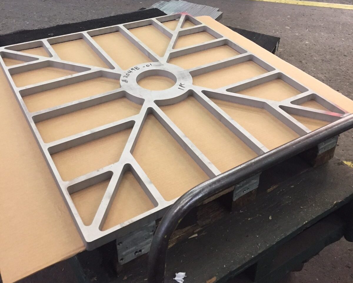 1” thick 304L stainless steel part cut using a waterjet machine, produced by Sandmeyer Steel for a West Coast customer based on provided drawings.